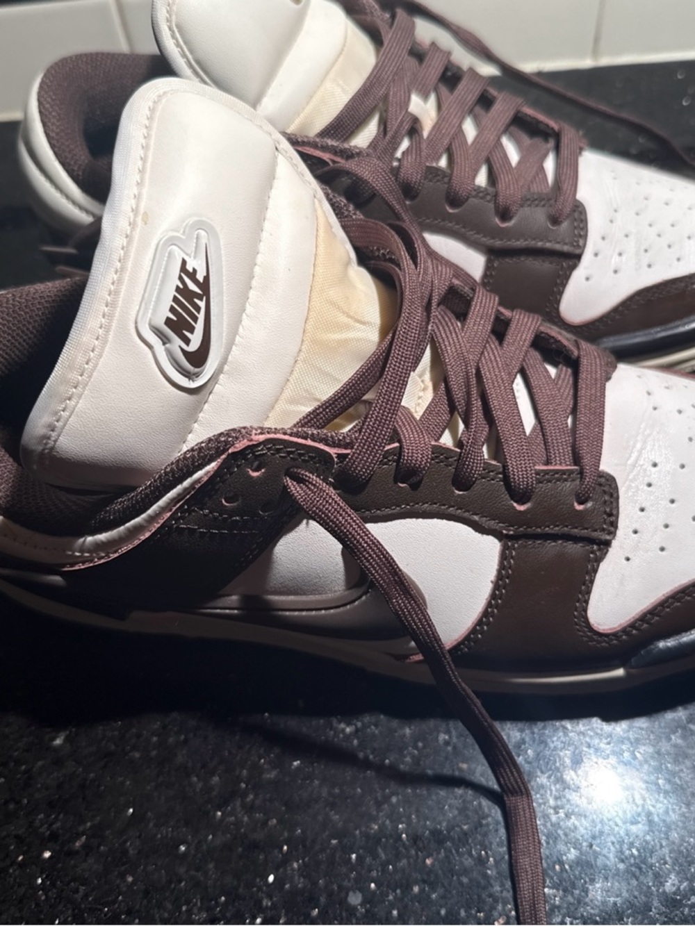 Nike White and Brown Low-Top Sneakers with Dark Brown Laces